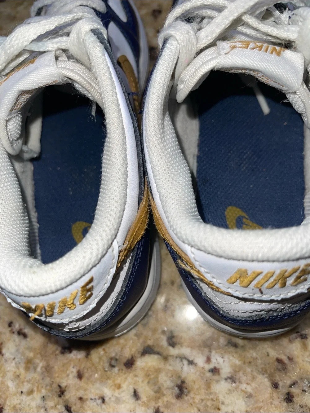 Nike Dunk Low Top Sneakers in White, Navy & Gold